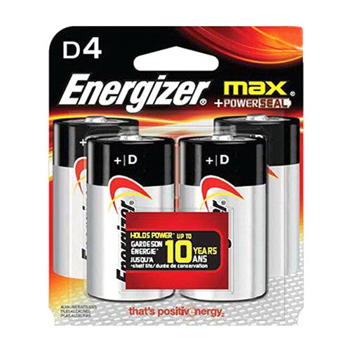 Eveready Energizer D Cell Batteries, Max Alkaline 95BP4, 4 ea